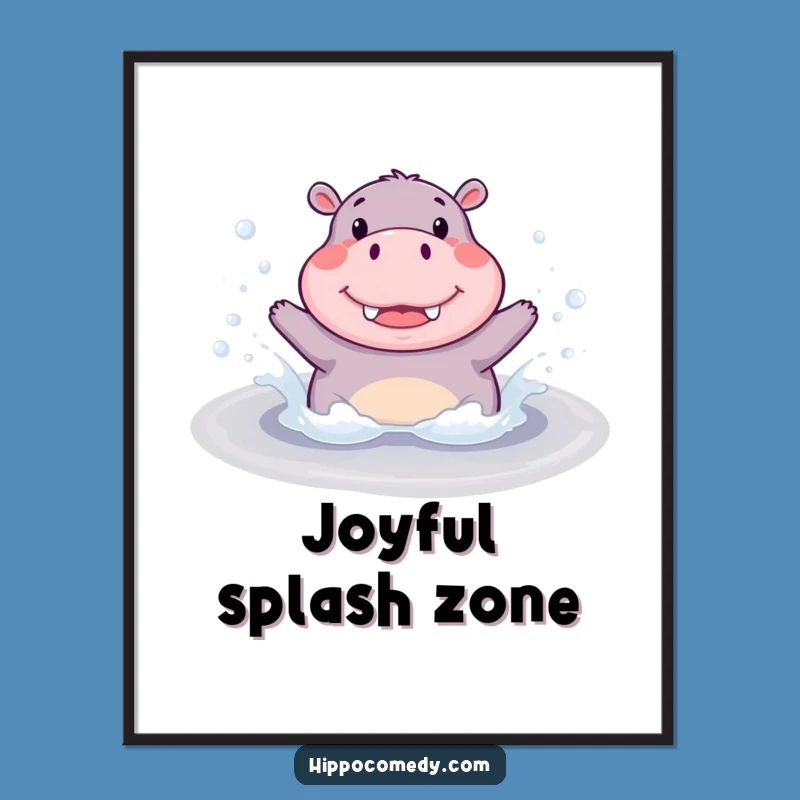 Funny Hippo Splash Poster: Cute Hippopotamus Splashing in Bubbly Puddle, Wall Art Gift