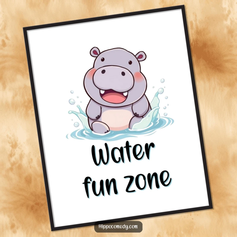 Funny Poster: A chubby hippopotamus with a beaming smile, joyfully splashing in a vibrant, colorful water design.