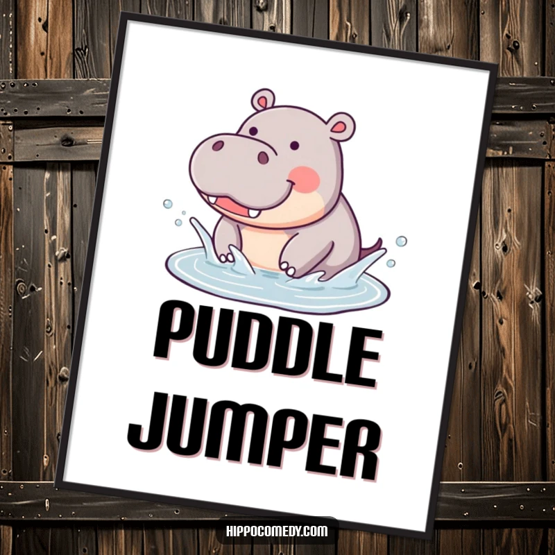 Funny Hippo Splashing Poster: Art featuring a cute hippopotamus joyfully splashing in a puddle, bringing funny charm to walls.