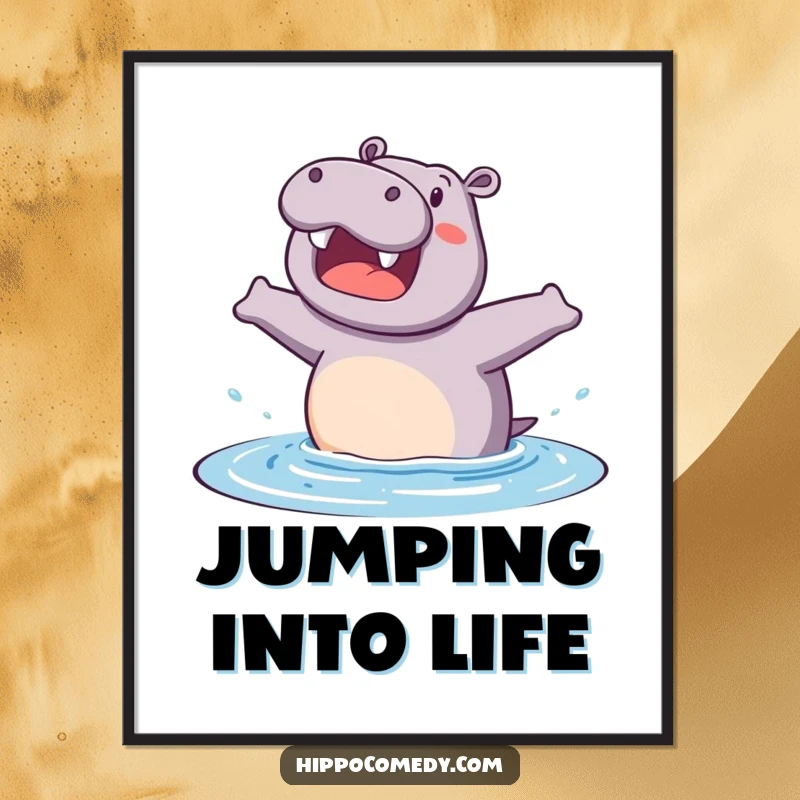 Funny poster print of an excited hippopotamus poised to jump into water, bringing a sense of fun and energy to any room.