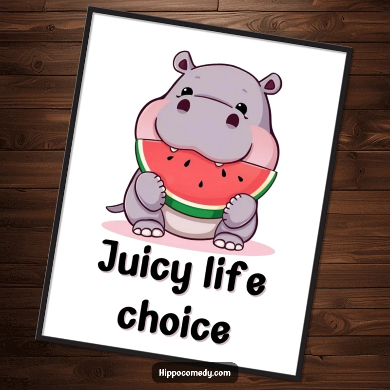 Funny hippo poster, captured mid-bite into a refreshing watermelon slice, conveying immense happiness and a love for summer.