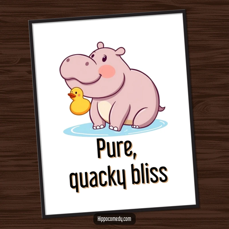 Funny kawaii hippopotamus looking with delight at a floating rubber ducky on a poster, a scene of pure, comical wonder.