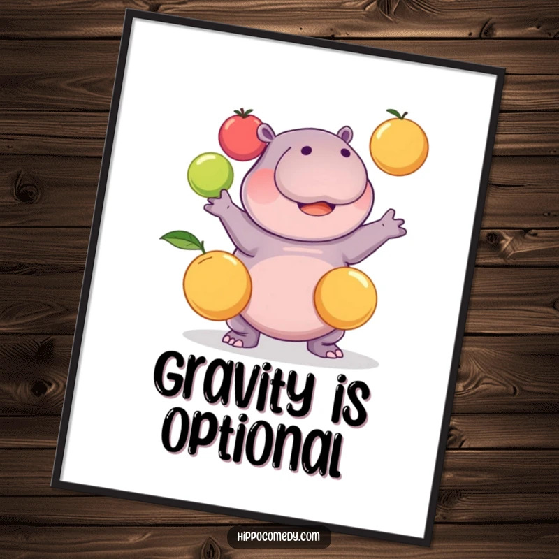 Funny kawaii hippopotamus comically attempting to juggle three round fruits, displayed as humorous wall art on a poster.