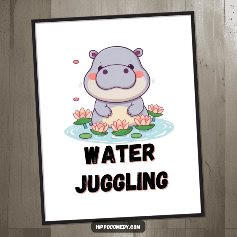 Funny kawaii hippo poster showcasing a cute hippo playfully juggling water lilies with its snout, radiating playful skill.