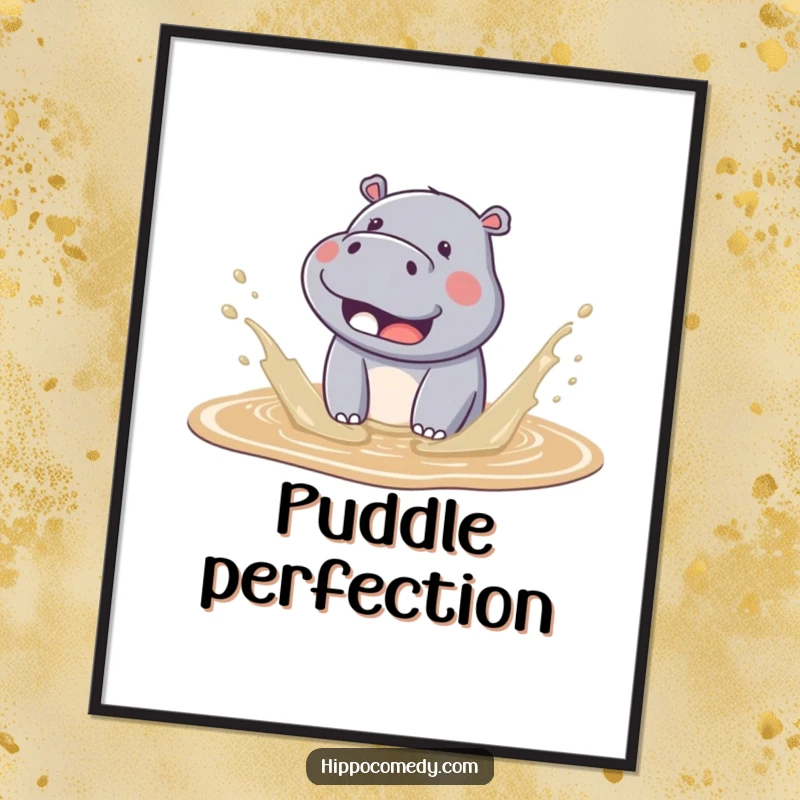 Funny kawaii hippo poster showcasing a cute hippo joyfully splashing in mud, with adorable water splashes flying.