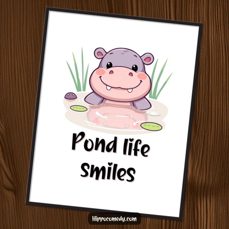 Funny kawaii hippo poster showcasing a cute hippo peeking from a pond with a huge, happy smile.
