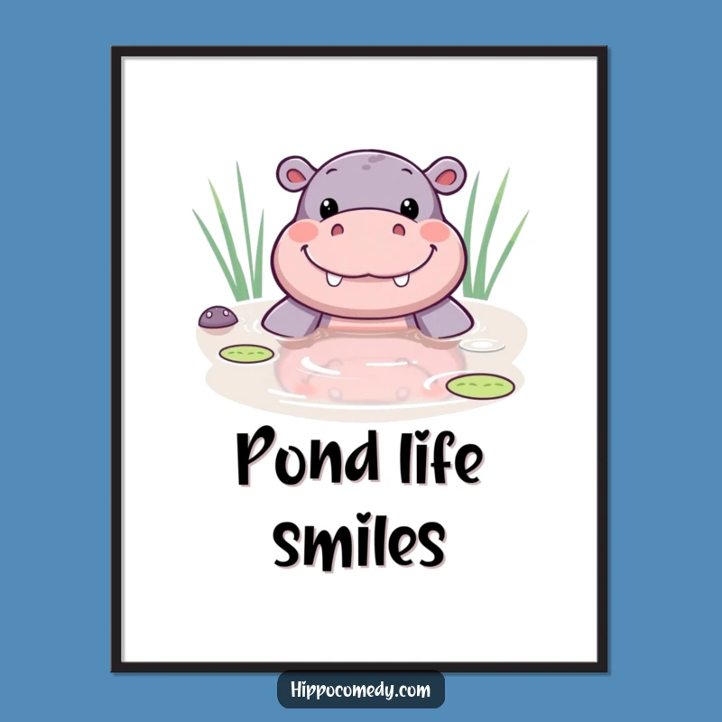 Funny Kawaii Hippo Pond Smile Poster - Adorable Art Gift