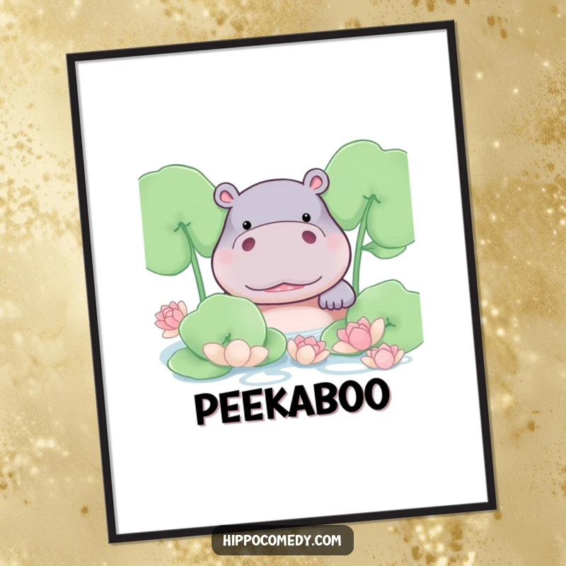 Funny hippo blushing shyly, peeking from behind lily pads, perfect humorous wall art.