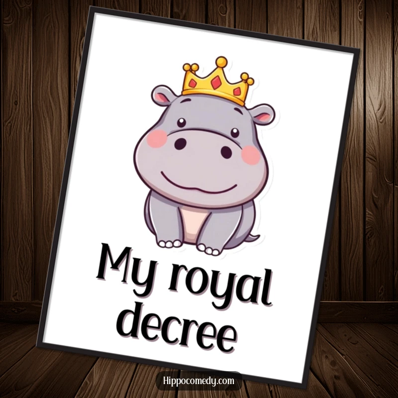 Funny Hippo Crown Poster: A silly cartoon hippo wears a small crown and looks smugly pleased, embodying royal satisfaction.