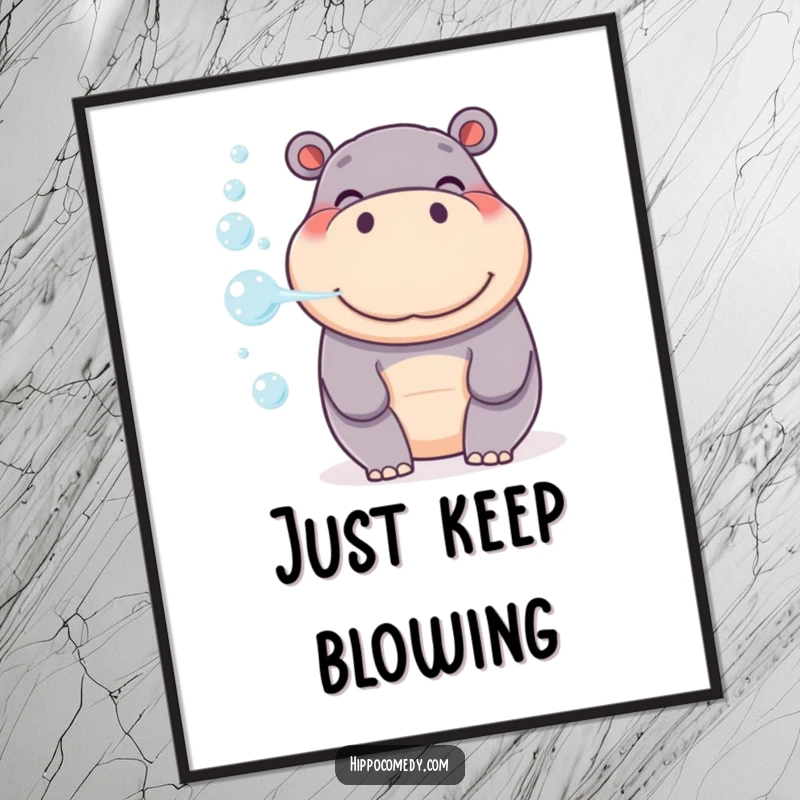 Funny Smiling Hippo Poster, blowing a gentle stream of bubbles, adding a touch of whimsical charm to wall decor.