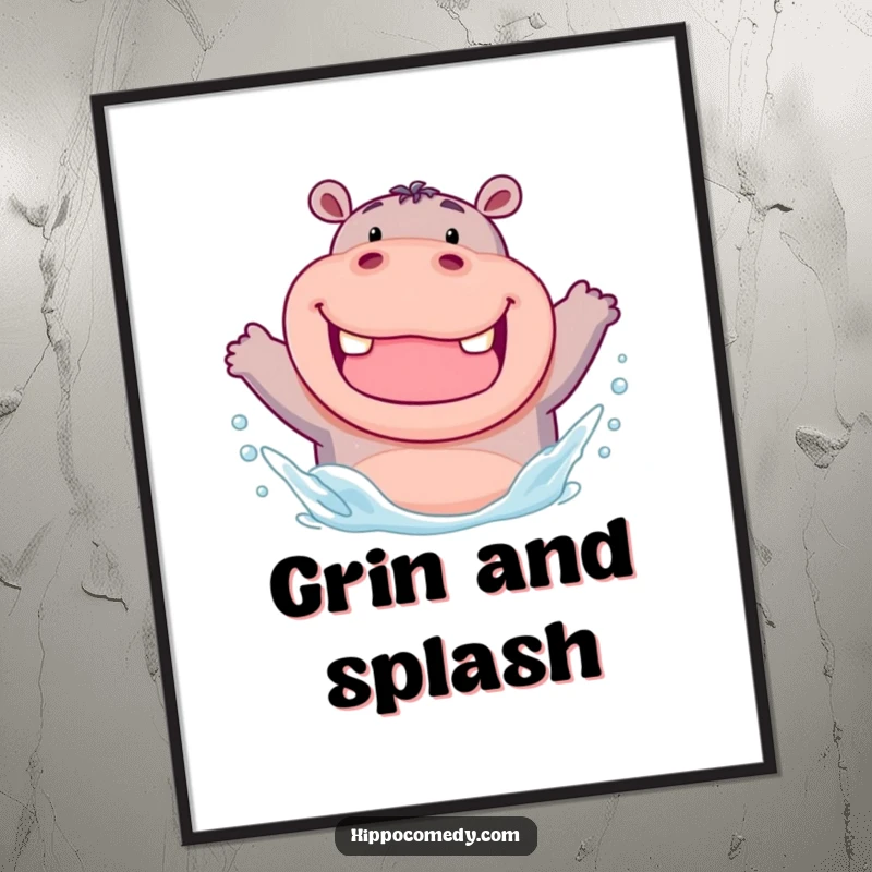 Funny poster art of a chubby hippo with a wide grin, enthusiastically splashing water, adding vibrant, humorous energy to decor.