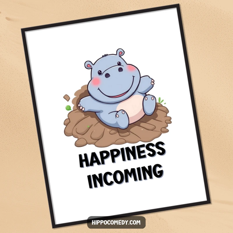Funny Hippo Poster: A cartoon hippo with a massive grin joyfully slides down a muddy hill, depicting uninhibited fun.
