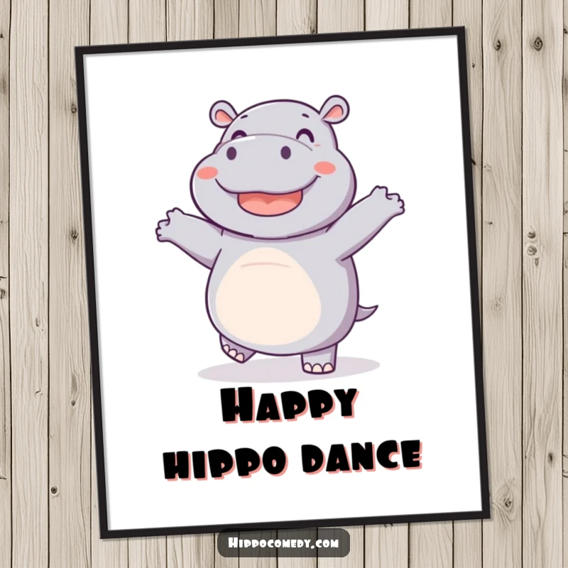 Funny poster of a joyful hippo doing a dance with wiggling feet, perfect for humorous wall art and adding animal charm.