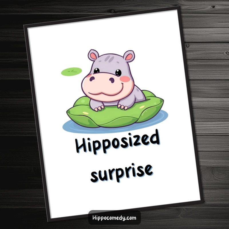Funny poster illustration of a kawaii hippopotamus with a silly expression, peeking from behind a green lily pad.