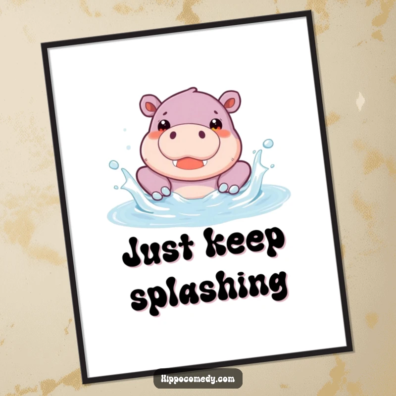 Funny Hippo Pool Poster showcasing a cute hippopotamus character splashing joyfully in a pool. Humorous animal art, perfect for home decor and adding smiles.