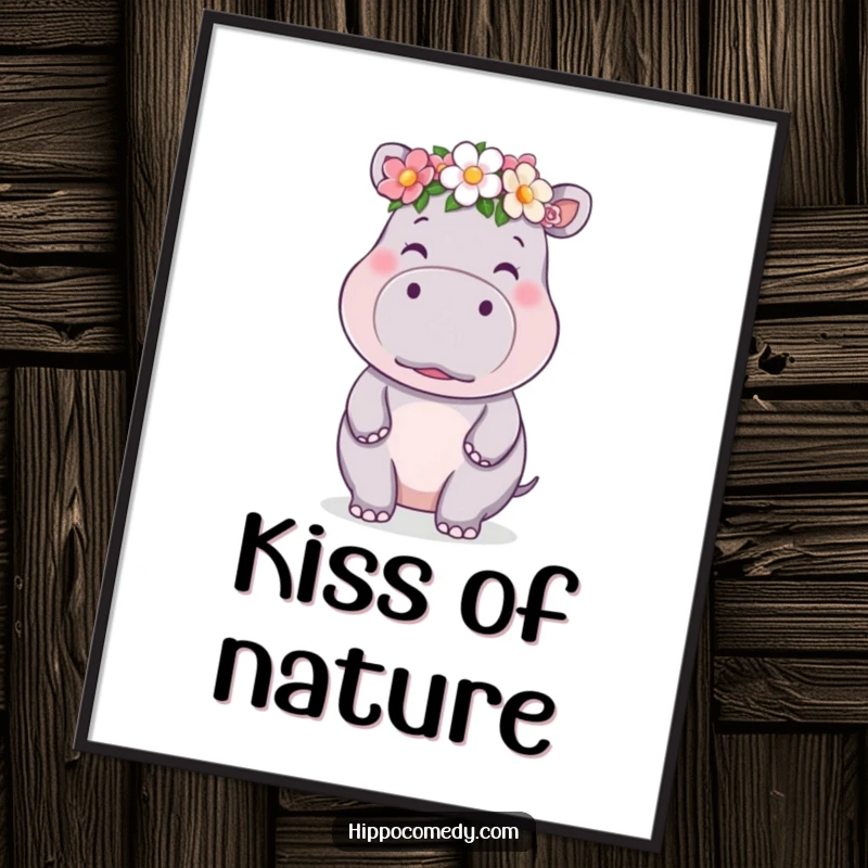 Funny kawaii hippo poster showcasing a cute hippo in a flower crown blowing a kiss, radiating adorable sweetness.