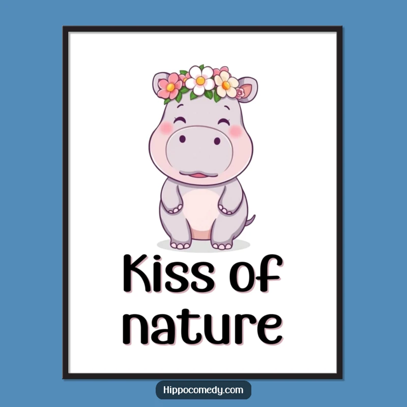 Funny Kawaii Hippo Flower Crown Kiss Poster - Adorable Art Gift