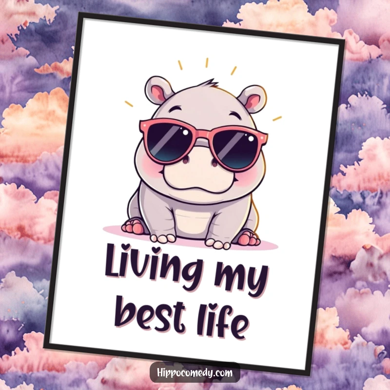Funny kawaii hippopotamus wearing cool oversized sunglasses, soaking up sun on a vibrant poster, adding playful decor.