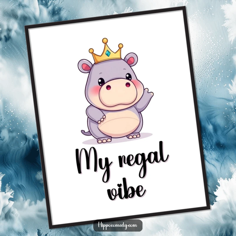 Funny kawaii hippopotamus wearing a tiny crown, striking a funny pose on a poster, a regal and comical wall decoration.