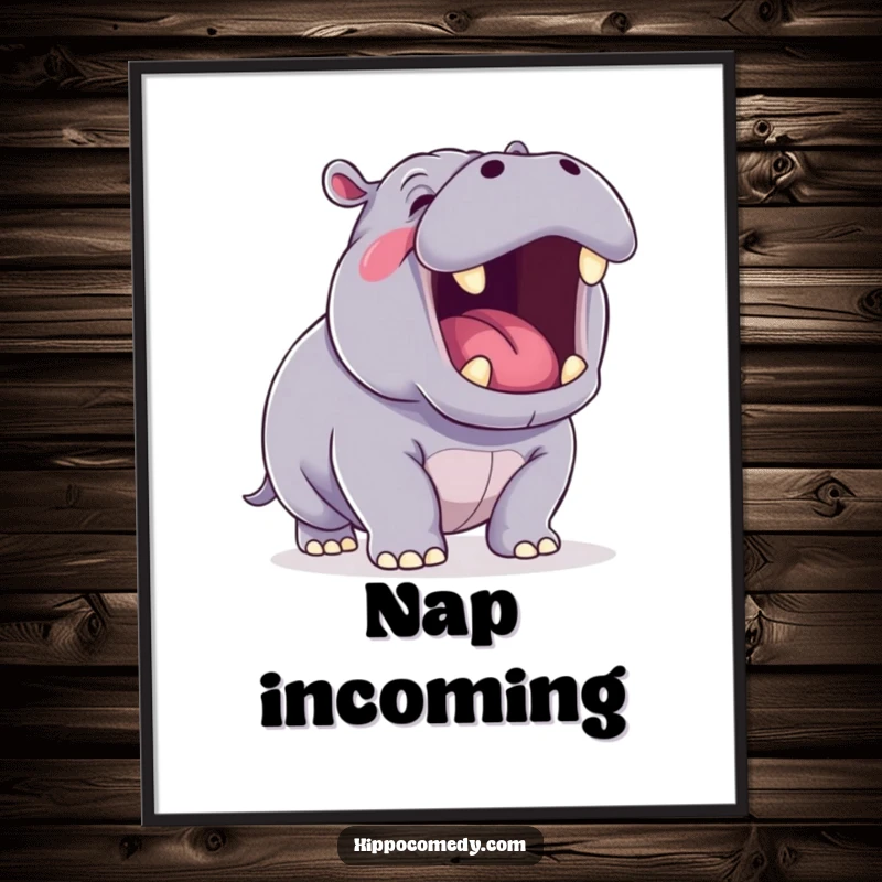 Funny Yawning Hippo Poster displaying a cute kawaii hippopotamus yawning widely, adding a touch of humor and charm to any wall space.