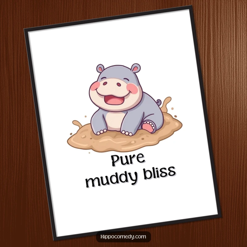 Funny Hippo Mud Rolling Poster, a joyful hippo gleefully playing and rolling in soft, brown mud.