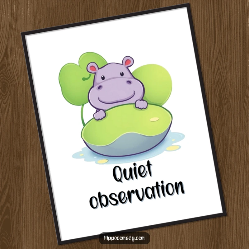 Funny poster print of a hippopotamus peeking from behind a large lily pad, bringing whimsical charm to any room.