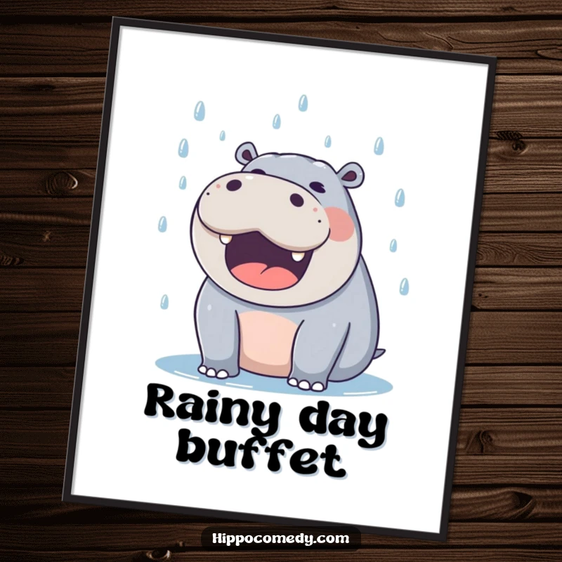 Funny hippo poster capturing a delighted hippo with its mouth wide open, catching falling raindrops.