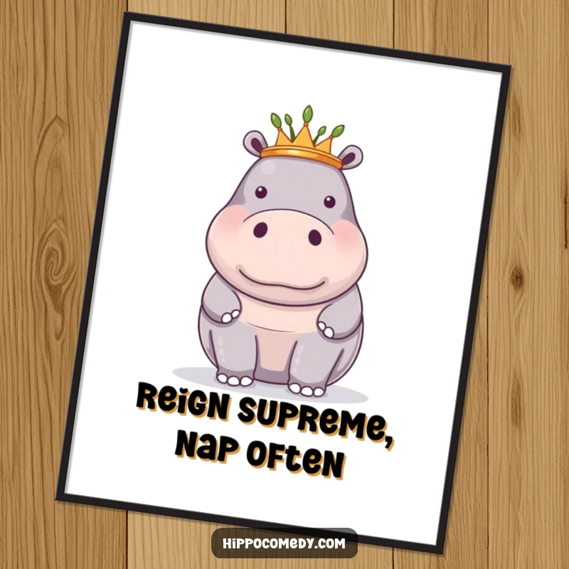 Funny poster artwork of a proud hippopotamus wearing a tiny crown of reeds, exuding humorous majesty.