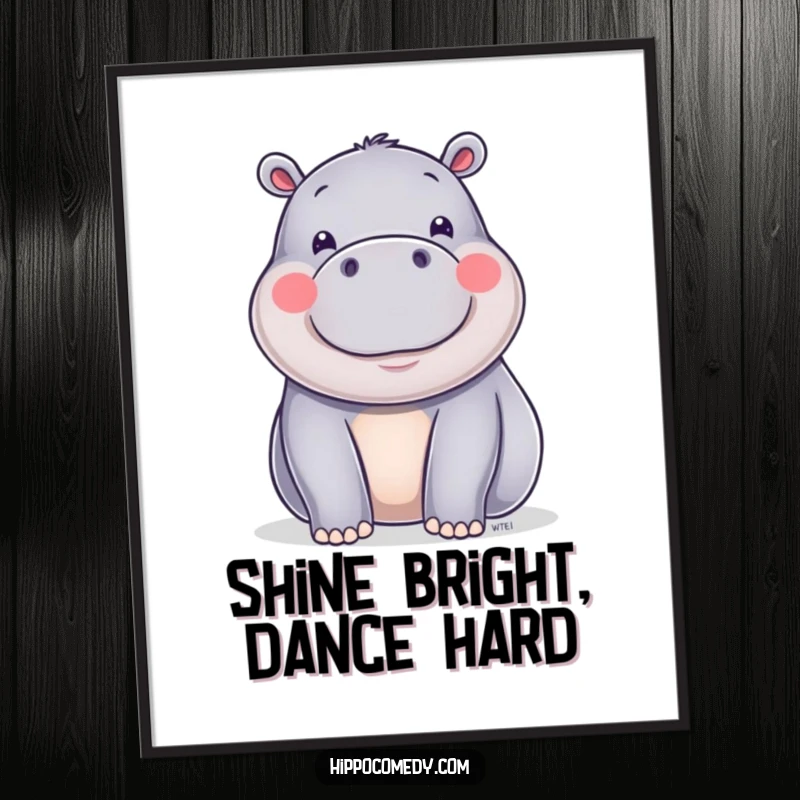 Funny happy hippo with shiny skin doing a playful wiggle, depicted as a cheerful poster for wall art.