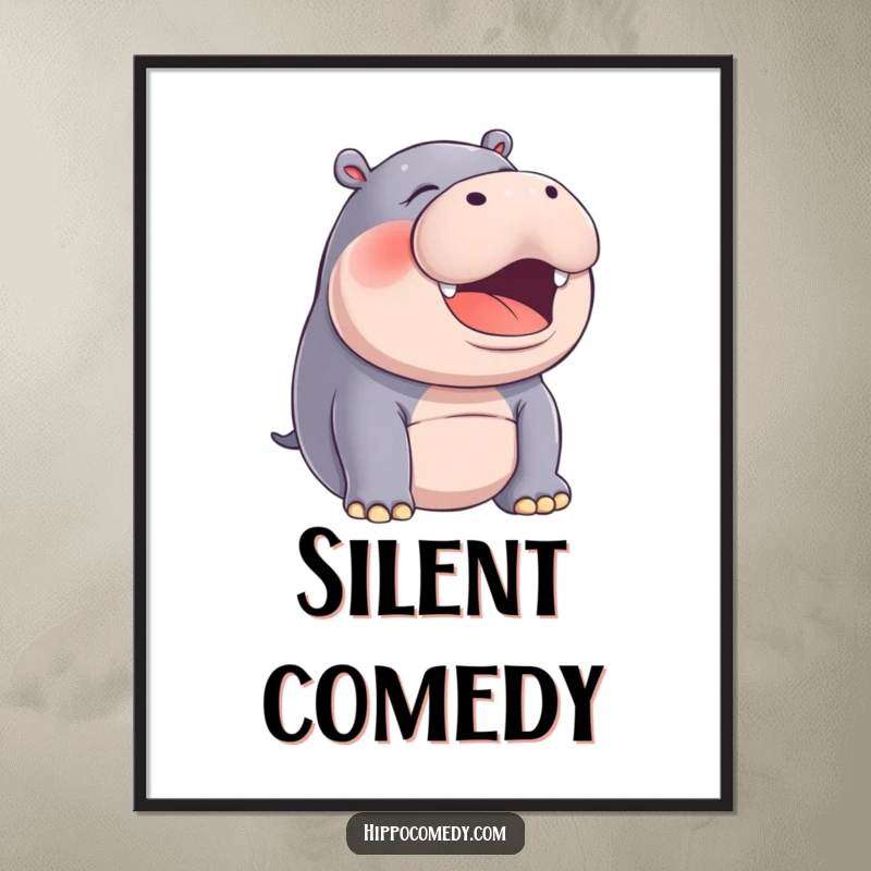 Funny hippo with mouth wide open, in a silent, joyful laugh, perfect humorous wall art.