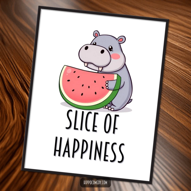 Funny poster art of a kawaii hippopotamus holding a giant watermelon slice, bringing adorable and humorous vibes to any room.