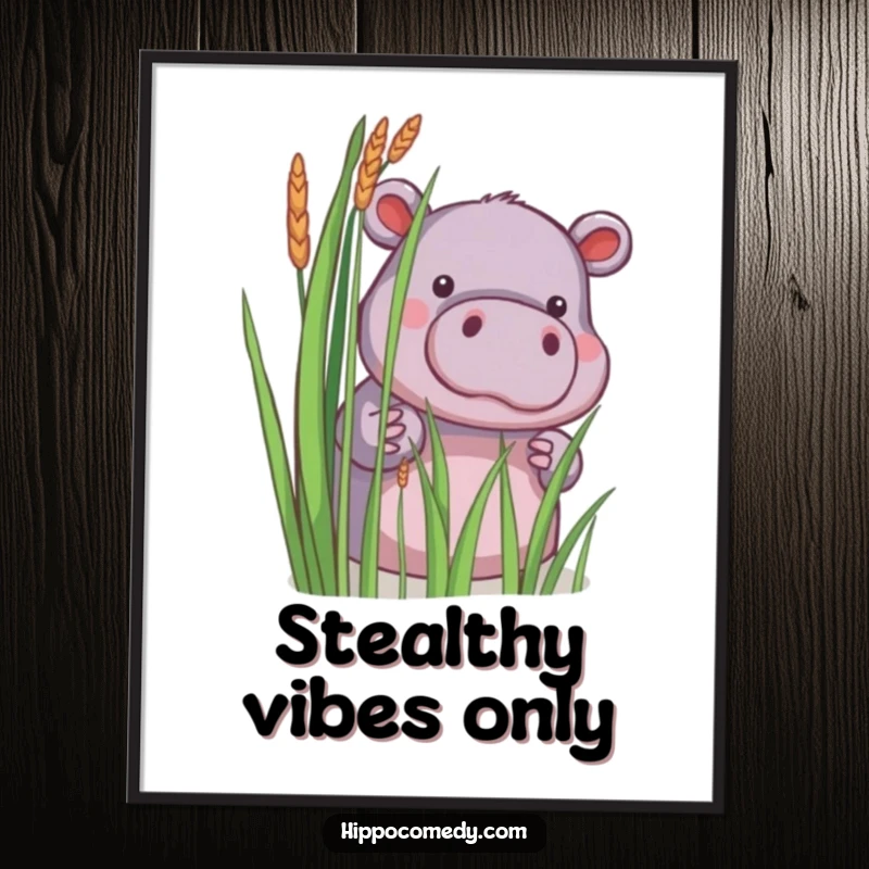 Funny poster showcasing a little hippopotamus shyly peeking from behind reeds, creating a heartwarming and humorous scene.