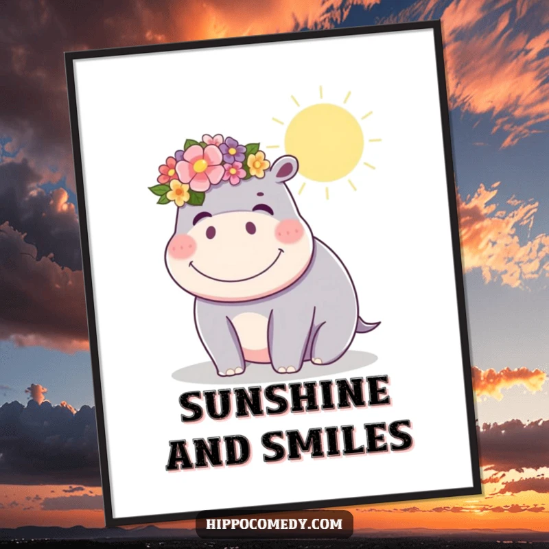 Funny kawaii hippopotamus wearing a flower crown, giggling happily in the sun, presented as funny digital art.