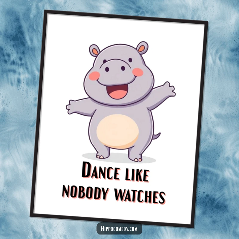 Funny poster showcasing a happy hippopotamus doing a silly wiggle dance, full of energy and charm.