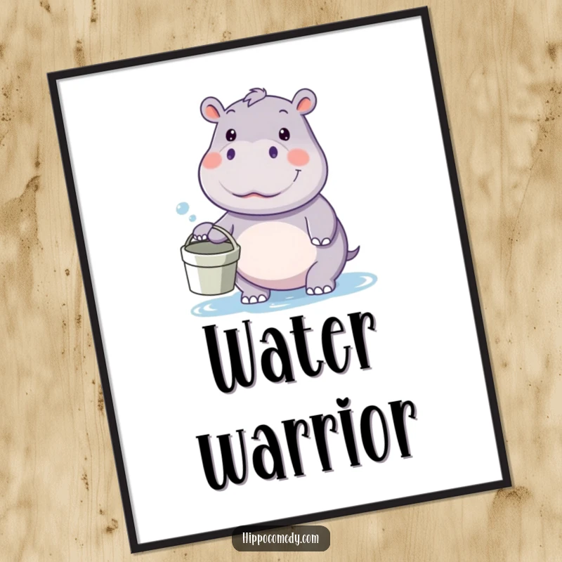 Funny kawaii hippo poster, holding a bucket and looking ready for a water fight, perfect for adding playful energy to wall decor.