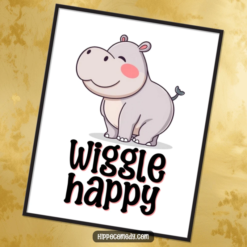 Funny poster illustrating a hippopotamus doing a silly wiggle with its stubby tail, capturing a moment of pure, unadulterated silliness.