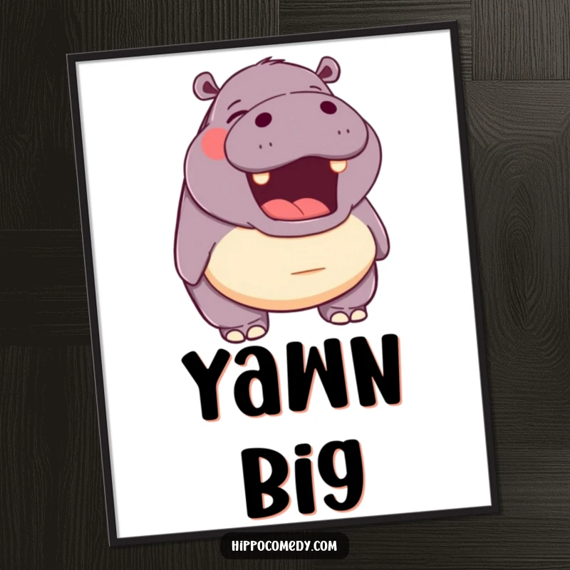 Funny poster illustrating a hippopotamus with its mouth open in a happy yawn, creating a peaceful and inviting atmosphere.
