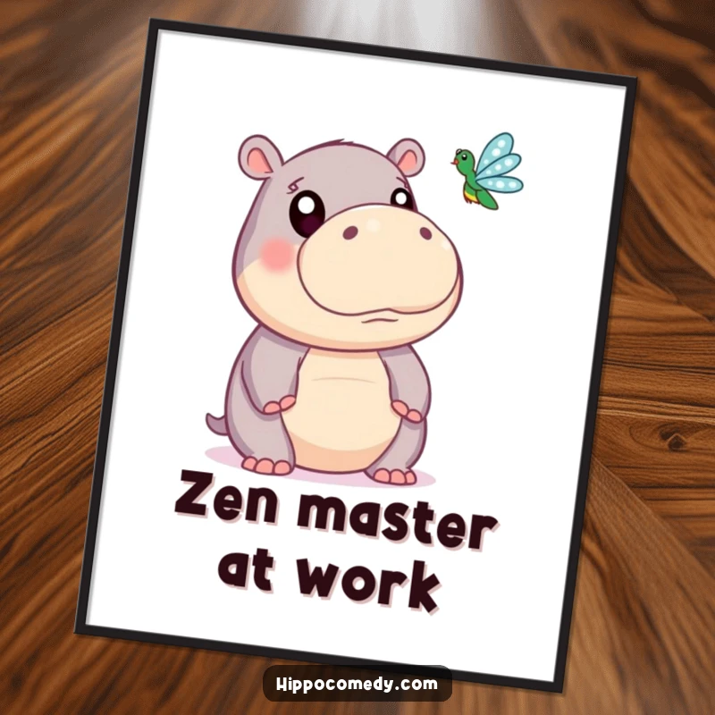 Funny poster print featuring a cute hippopotamus with large, expressive eyes observing a delicate dragonfly, adding whimsy to any room.