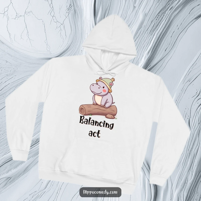 Funny Hippo Hat Hoodie featuring a cute kawaii hippopotamus in a hat, balancing on a log, perfect for cozy and comical wear.