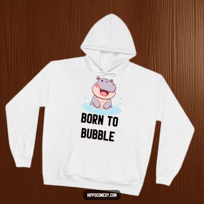 Funny hoodie featuring a hippopotamus emerging from a bubbly pool, creating a sense of joyful relaxation and warmth.