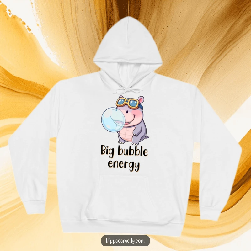 Funny hoodie featuring a kawaii hippopotamus in oversized goggles, blowing a large bubble, radiating playful charm.