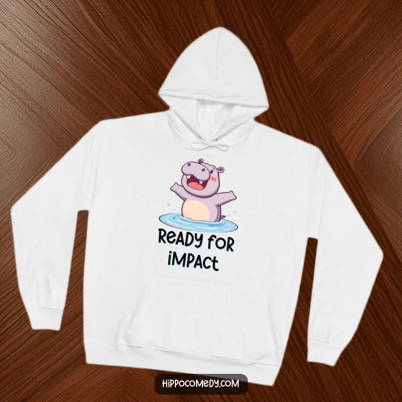 Funny hoodie depicting a cheerful hippopotamus enthusiastically preparing to jump into water, a cozy and comical present.