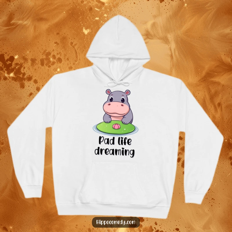 Funny hoodie featuring a hippopotamus with wide, curious eyes looking at a floating lily pad, evoking a sense of calm observation.