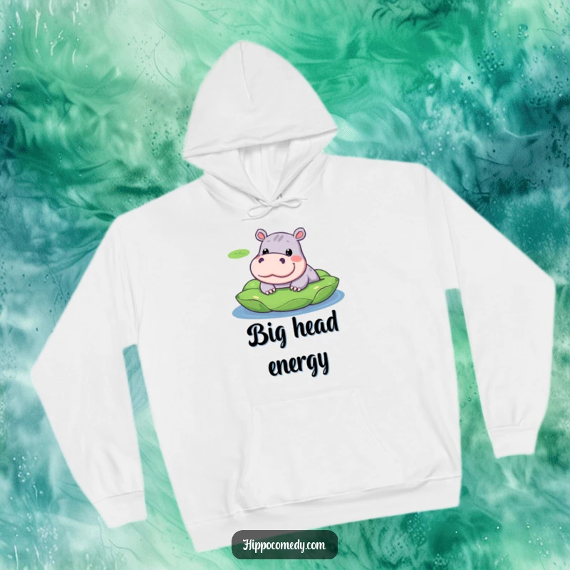 Funny hoodie design of a kawaii hippopotamus with a goofy expression, peeking from its comfortable lily pad.
