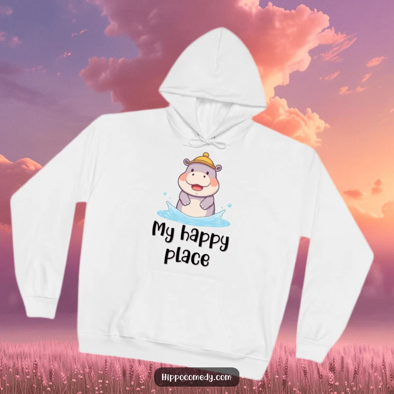 Funny hoodie featuring a kawaii hippopotamus wearing a small hat, joyfully splashing in water, radiating happiness.