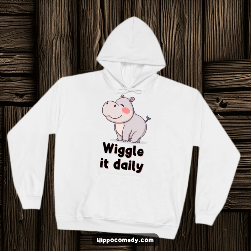 Funny hoodie featuring a hippopotamus doing a silly wiggle with its stubby tail, exuding playful energy and warmth.