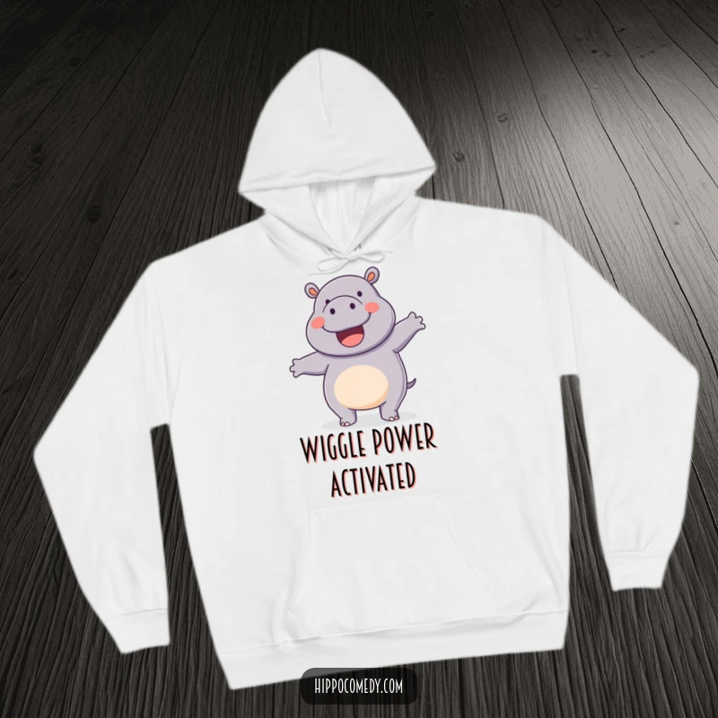 Funny hoodie with a happy hippopotamus doing a silly wiggle dance, offering warmth and infectious cheer.