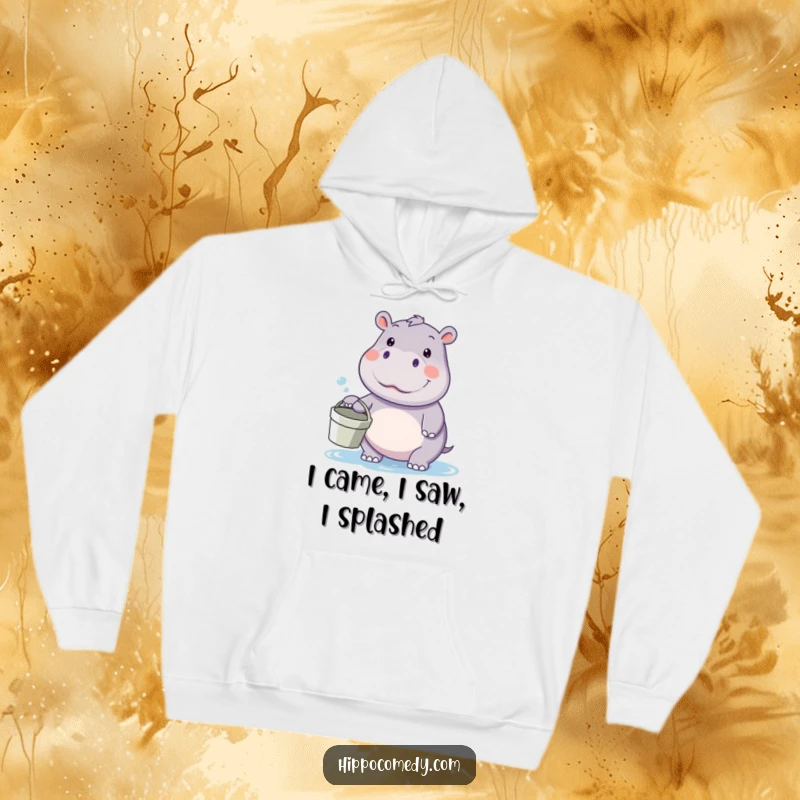 Funny kawaii hippo hoodie, holding a bucket and looking prepared for a water fight, radiating cozy playful vibes.