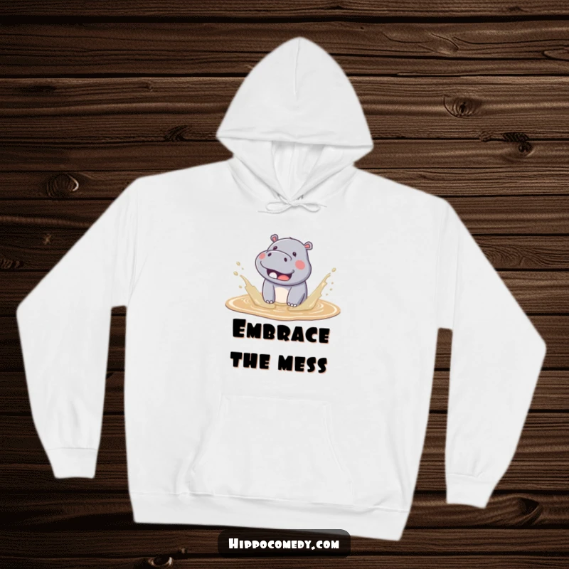 Funny kawaii hippo hoodie showing a cute hippo joyfully splashing in mud, with water flying in an adorable, fun manner.