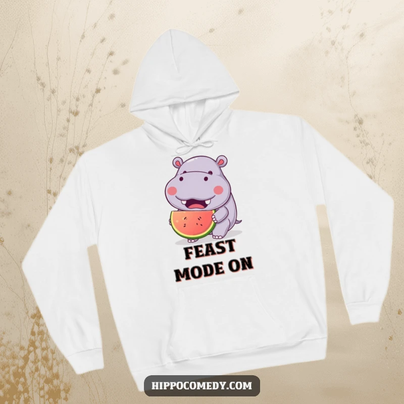 Funny Hippo Fruit Hoodie featuring a kawaii hippopotamus with a joyful expression, eating a large fruit, perfect for cozy and cheerful wear.